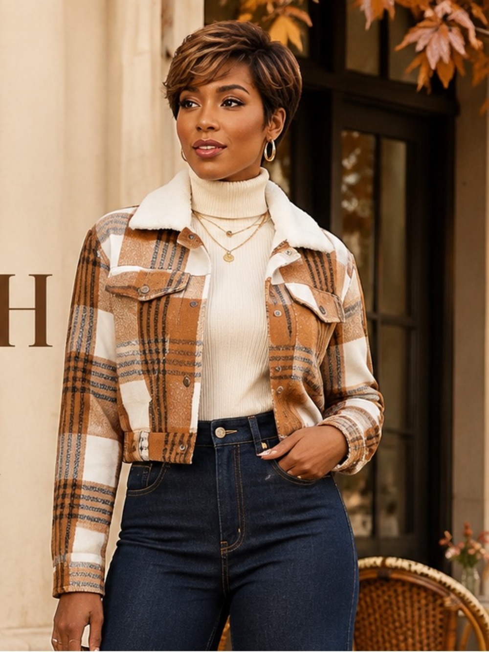 Camel Plaid Sherpa Collar Cropped Snap-Front Jacket